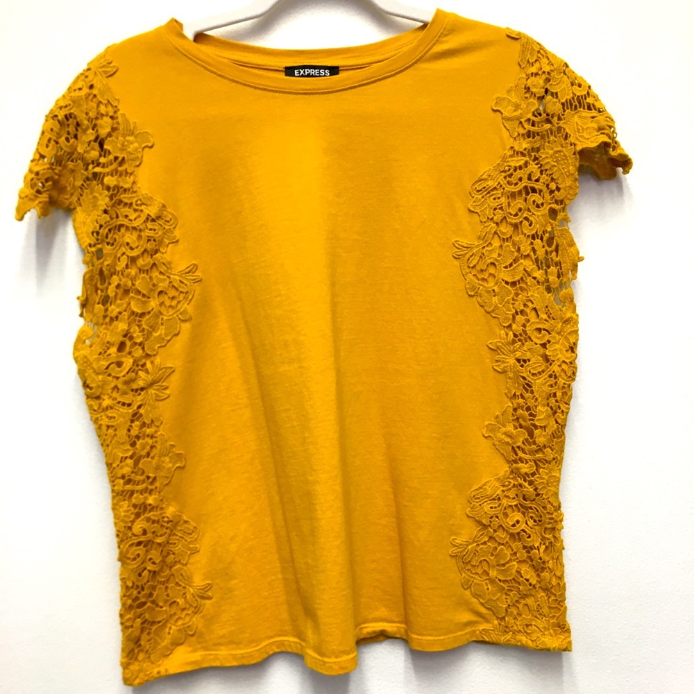 Express Crochet Short Sleeve T-shirt Large Golden Yellow 100% Cotton